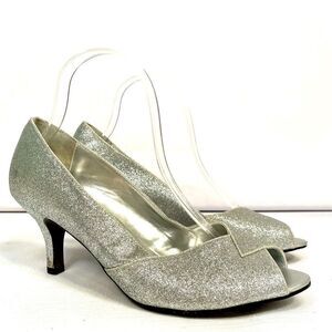 SILVER PEEP TOE 3” KITTEN HEEL DANCE FLEX S-8.5W